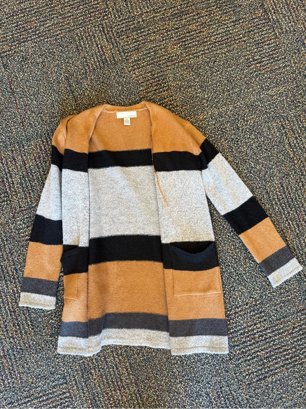 Open-Front Striped Women’s Cardigan Sweater - Camel, Black & Gray